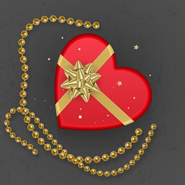 Vector a realistic red gift box with shape of heart decorated with a gold bow, top view.