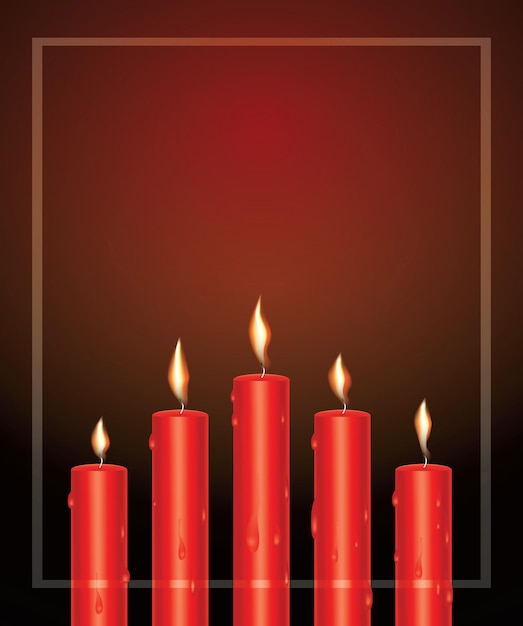 Candele rosse realistiche con cera fusa e cornice. illustrazione di vettore.