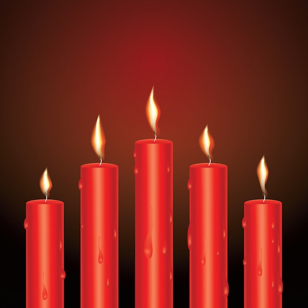 Realistic red glowing candles with melted wax. vector illustration