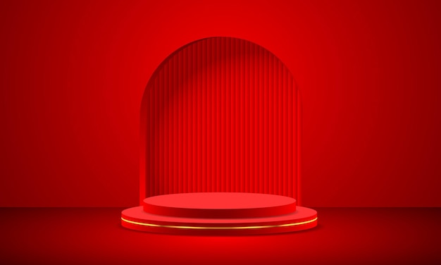 Realistic red gold 3D cylinder pedestal podium black corrugated on window arch shape vector display