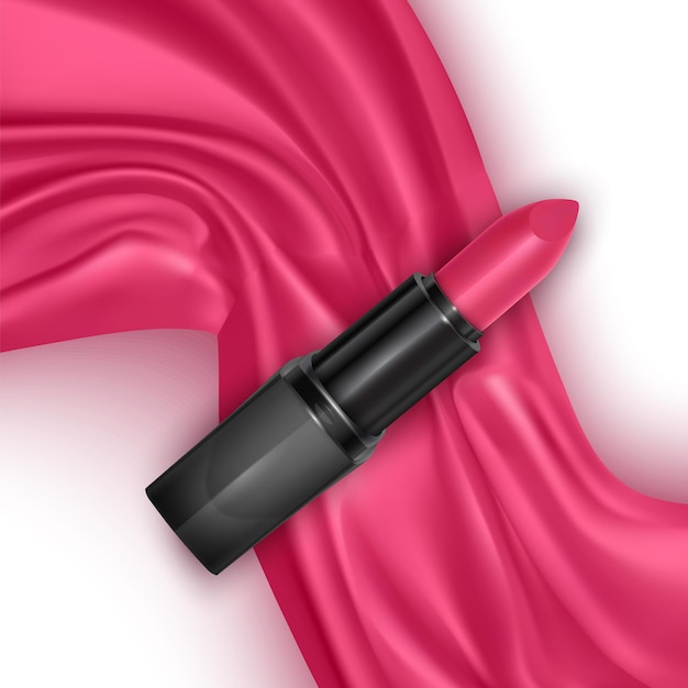 Realistic red lipstick on bright pink silk or velvet fabric background cosmetic open tubes