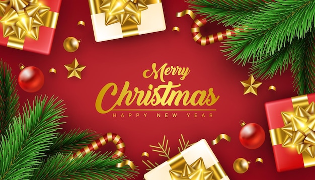 Realistic red merry christmas and happy new year decorative banner background