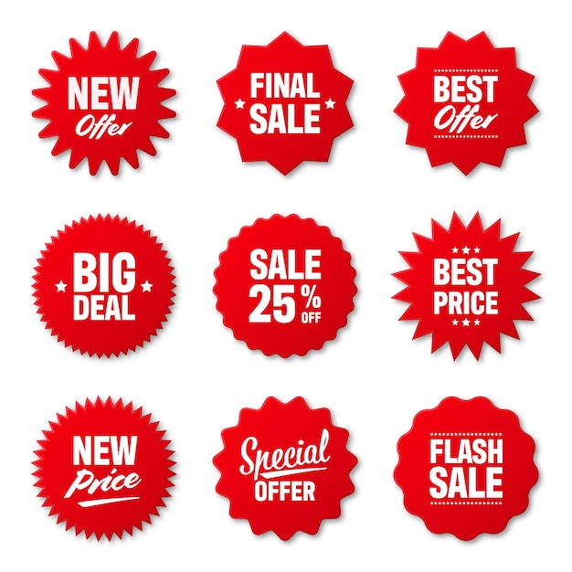 Vector realistic red price tags collection special offer or shopping discount label retail paper sticker