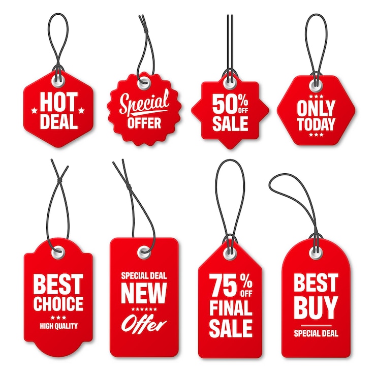 Vector realistic red price tags collection special offer or shopping discount label retail paper sticker