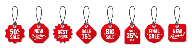 Realistic red price tags collection special offer or shopping discount label retail paper sticker