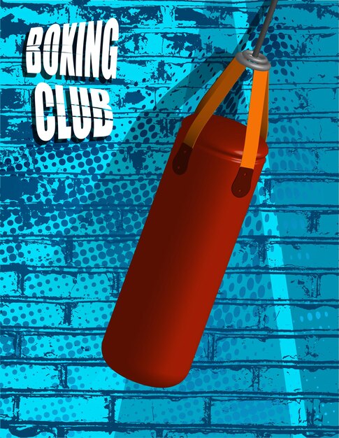 Vector realistic red punching bag for sports training on background of brick wall with abstract blots boxi