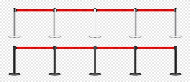 Vector realistic red retractable belt stanchion crowd control barrier posts with caution strap queue lines