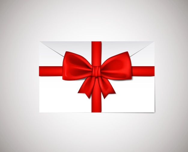 Realistic red ribbon bow on envelope present isolated on white background. vector illustration.