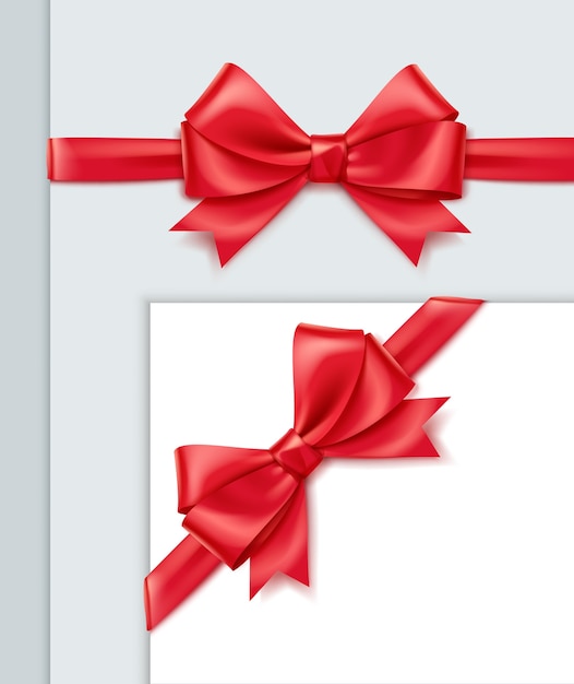 Realistic red ribbon with bow on papper blank or gift box top view, isolated on gray background