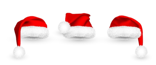 벡터 현실적인 빨간 산타 클로스 모자 흰색 배경에 고립. 모피와 그라디언트 메쉬 산타 클로스 모자.