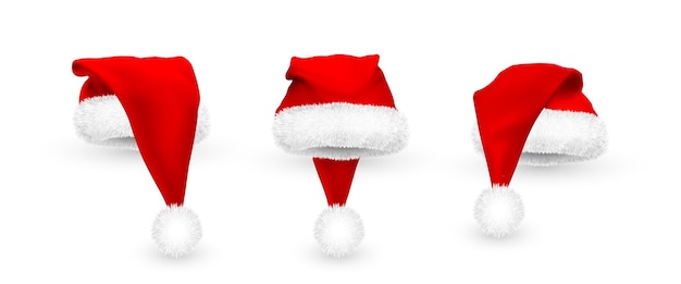 Cappello di babbo natale rosso realistico isolato su priorità bassa bianca. berretto babbo natale in maglia sfumata con pelliccia.