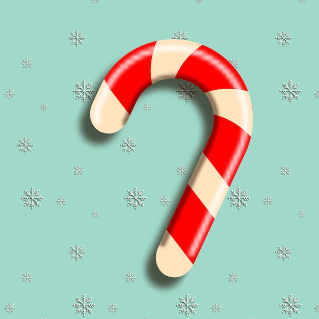 Realistic red and white striped christmas candy cane on snow background