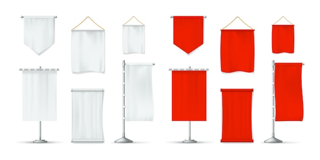 Vettore set di striscioni realistici in tessuto rosso e bianco