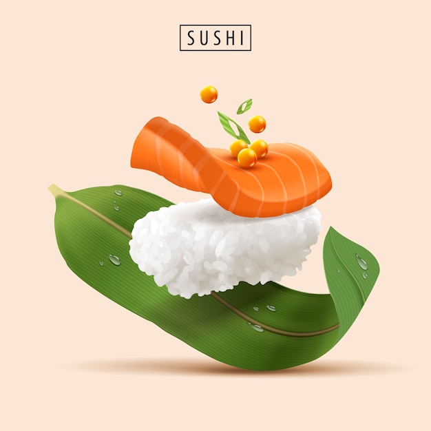 Sushi rinfrescante realistico con pesce crudo e uova di pesce nell'illustrazione 3d