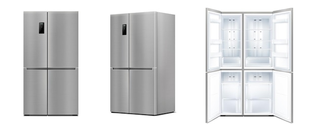 Realistic refrigerator with double doors set Modern two chambered fridge appliance for food storage with open and close door Chrome kitchen coolers isolated 3d vector illustration