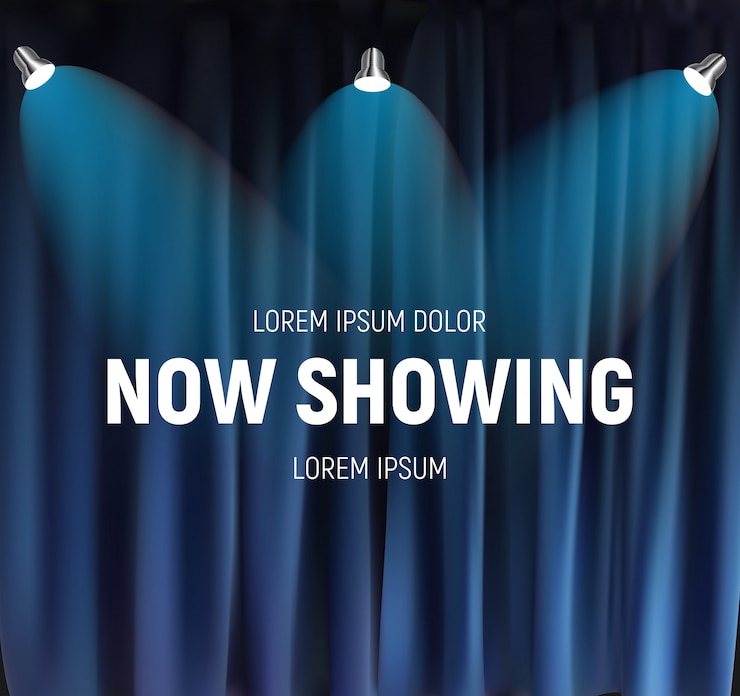 Vector realistic retro cinema now showing announcement board with bulb frame on curtains background. 