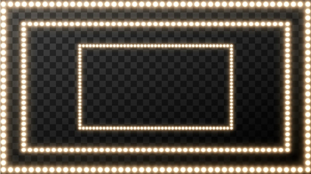 Realistic retro light bulb in the square. Glowing movie signboard with golden light bulb with blank space for text.