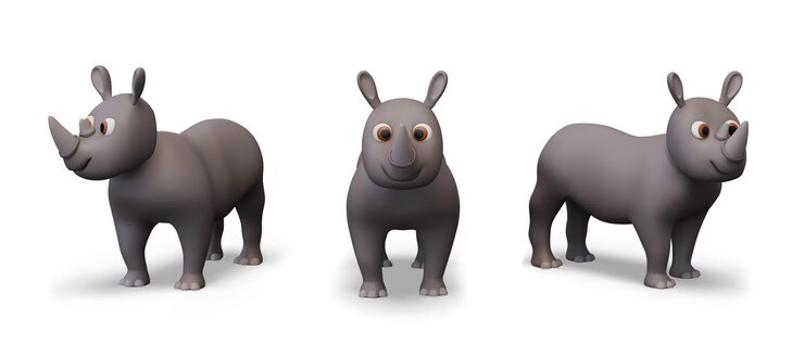 Vector realistic rhinoceros in different poses large gray wild animal with one horn