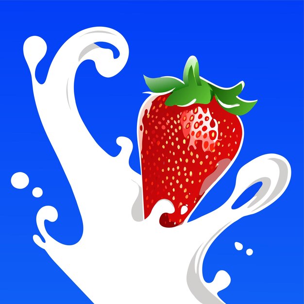 realistic ripe strawberry in splashing milk
