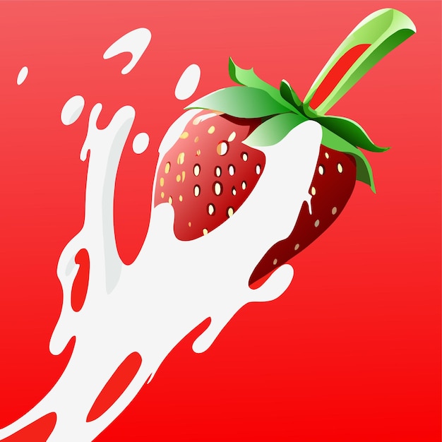 Vector realistic ripe strawberry in splashing milk