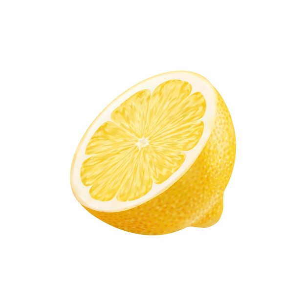 현실적인 성숙한 노란색 레몬, 시트러스 과일 반, 고립된 3D 터, 반으로 된 과일, 신선한 맛과 활기찬 색조를 나타내며, 어떤 요리나 음료에 맛있는 을 추가할 준비가 되어 있습니다.