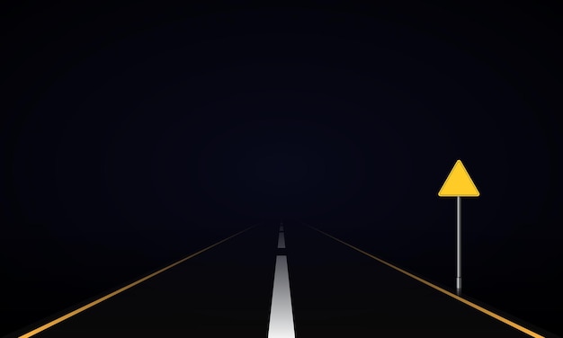 Vector realistic road at night with road sign. vector illustration.