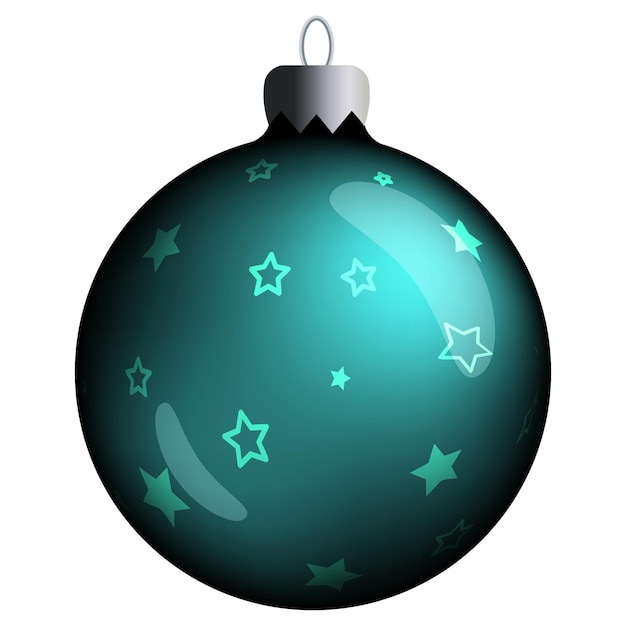 Realistic round Christmas ball with blue gradient stars and flares isolated on a white