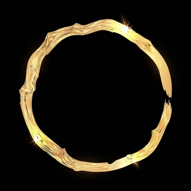 Realistic round frame made of liquid shiny gold on a black background. Golden frame