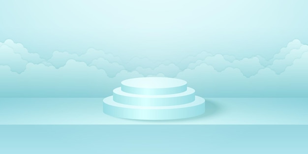 Realistic round podium with cyan studio room product cloudscape background mock up for display