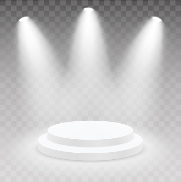 Vector realistic round podium with light and lamp. showroom pedestal. 3d podium, stage pedestal or platform illuminated by light on isolated background