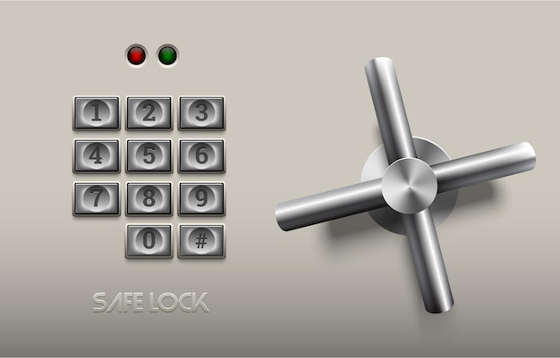 Realistic safe lock metal element on white background. Stainless steel wheel. Vector icon or design element. Metal keypad buttons with number. Safety and privacy protection concept.