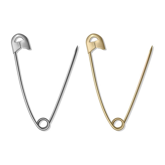 Realistic safety pins for clothes, gold and silver colors isolated on white,   illustration