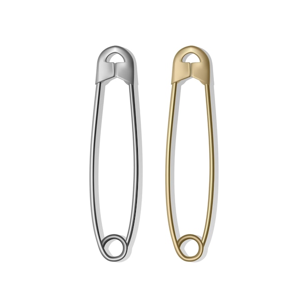 Vector realistic safety pins for clothes, gold and silver colors isolated on white,   illustration