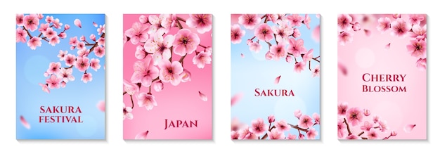realistic sakura tree vertical cards template set collection with cherry blossom