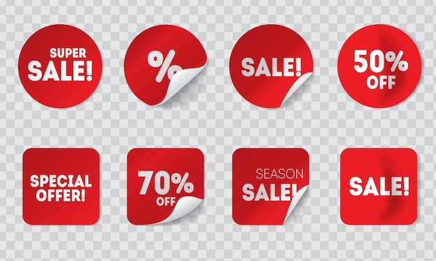 Realistic sale red stickers with shadows isolated on transparency background. Adhesive round and square price tags or labels with discount and special offers