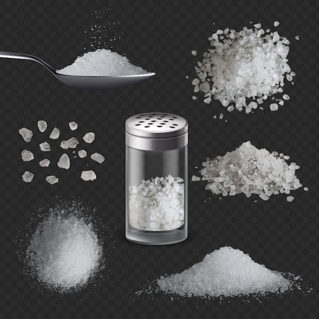 Vector realistic salt. 3d white salty powder spice in spoon. sea edible rock salt in glass shaker bottle, grains and piles. seasoning vector set