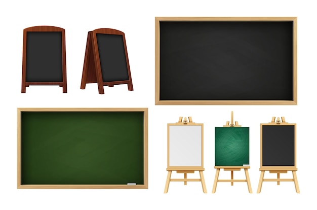 Realistic school chalkboard Outdoor restaurant blackboard wooden easels with different surfaces Empty cafe texting desk classroom retro 3d vector accessories