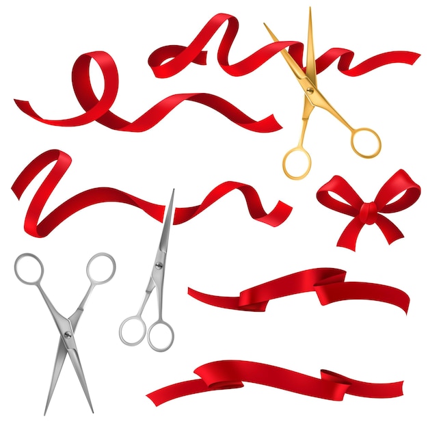 Realistic scissors and ribbons