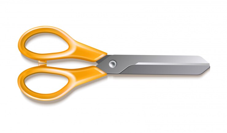 Vector  realistic scissors with yellow handle. office stationery