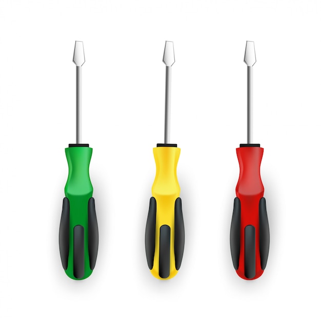 Vector realistic screwdrivers set green, yellow and red isolated on white background.