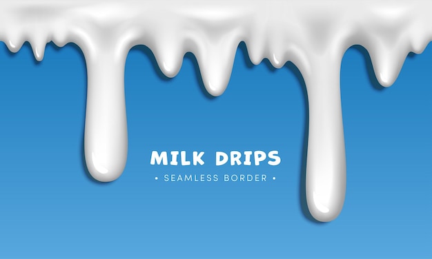 Realistic Seamless Dripping Milk Drops Horizontal Border 3D vector liquid flowing ice cream yogurt blobs white paint stain mayonnaise splash on blue background mockup