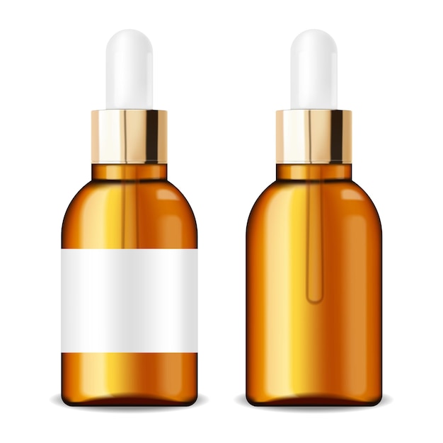 Realistic serum with dropper gold cap, beauty company, skin care bottle, realistic package mockup