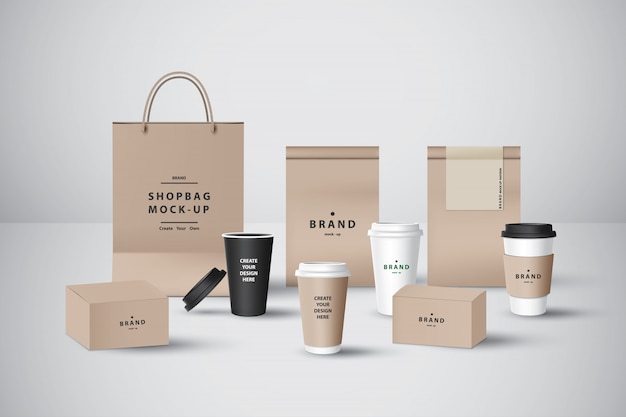Realistic set for bakery shop or coffee shop, take away cup,food box,paper bag,pastry bag and napkin for branding.