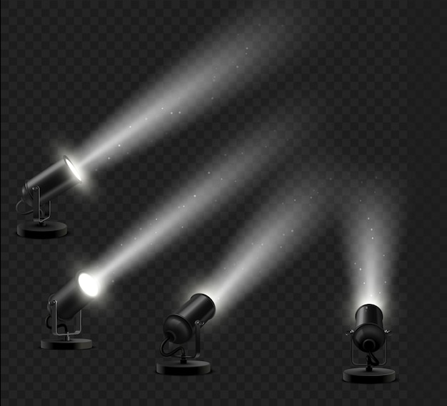 Vettore set realistico di lampade da terra nere con effetto raggio di luce per decorare uno showroom o mettere in mostra un podio su uno sfondo scuro. effetto fascio di luce su sfondo scuro con particelle di polvere scintillanti sparkling