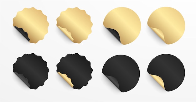 Vector realistic set black and gold stickers or patches mockup. blank labels of different shapes round and seal circle. 3d