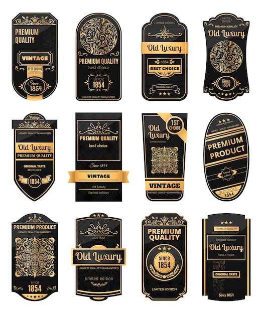 Vector realistic set of black and golden retro labels for packaging luxury products isolated vector illustration