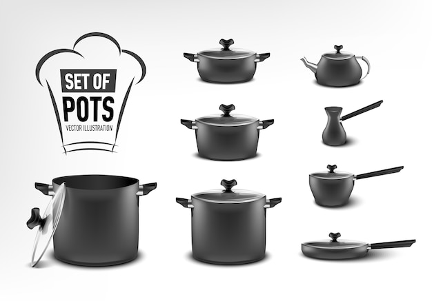 Vector realistic set of black kitchen appliances, pots of different sizes, coffee maker, turk, stewpan, frying pan, kettle