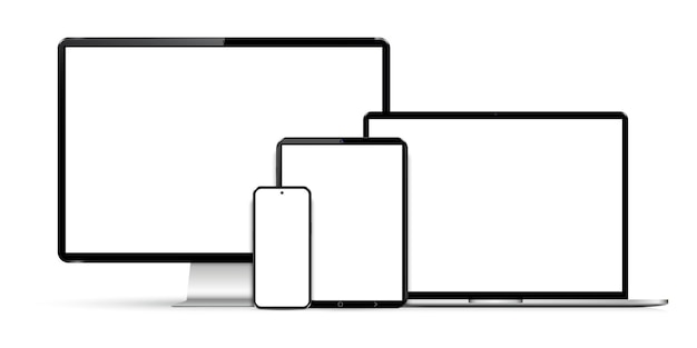 벡터 현실적인 세트 컴퓨터 노트북 태블릿 및 스마트폰 장치 화면 모형 컬렉션