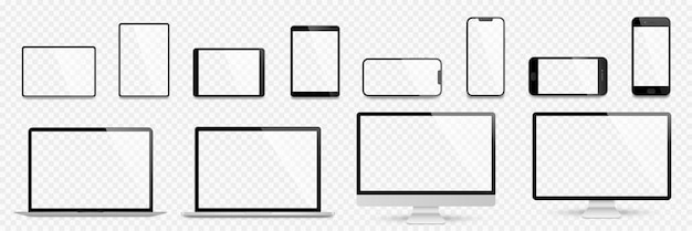 Vector realistic set computer laptop tablet and smartphone device screen mockup collection realistic mock up computer laptop tablet phone with shadow stock vector