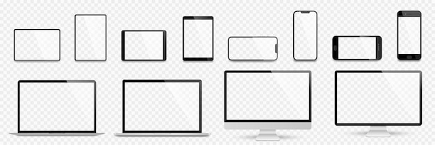 Реалистичный набор компьютерных ноутбуков, планшетов и смартфонов. Коллекция макетов экрана устройств. Реалистичные макеты компьютеров, ноутбуков, планшетов, телефонов с вектором тени